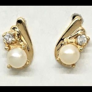 10K Gold Genuine Cultured Pearl & CZ Earrings